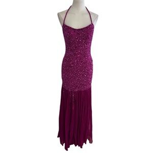 SCALA Beaded Maxi Midi Dress Side Slit Padded 100% Silk Pink Magenta Size M Prom